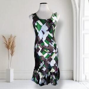 Laura Vann Y2K Bias Cut Satin Slip Dress Green Abstract Ruffle Hem S NWT
